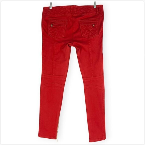 Balmain Paris Red Moto Biker Skinny Jeans Quilted Zipper Pockets Stretch 46 14 - Picture 4 of 6